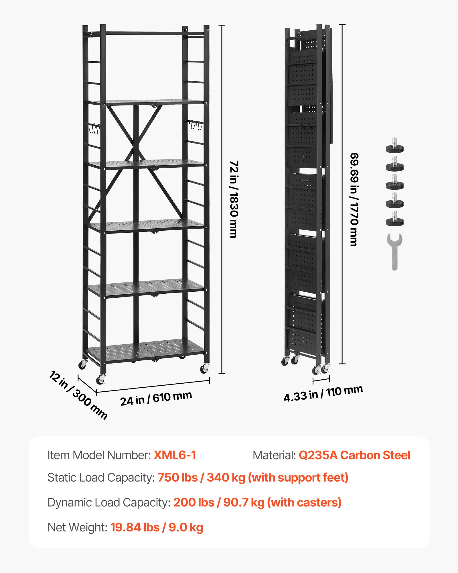 VEVOR 6-Tier Foldable Storage Shelf, 24W x 12D x 72H Inch Folding Metal Rack Shelving Unit, No Assembly Organizer Shelf with 5 Wheels & 4 Hooks for Pantry, Kitchen, Garage, Basement, Black