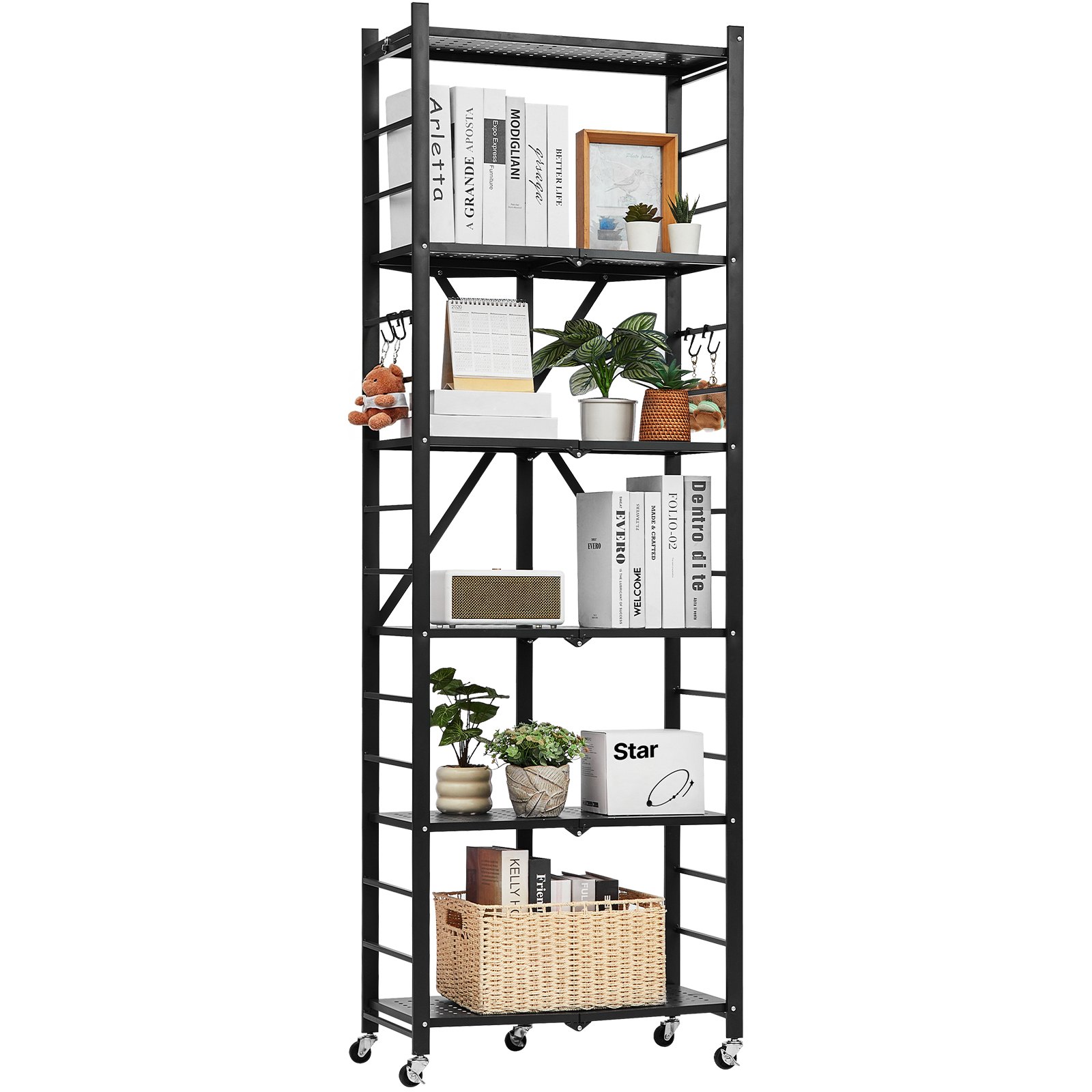 VEVOR 6-Tier Foldable Storage Shelf, 24W x 12D x 72H Inch Folding Metal Rack Shelving Unit, No Assembly Organizer Shelf with 5 Wheels & 4 Hooks for Pantry, Kitchen, Garage, Basement, Black