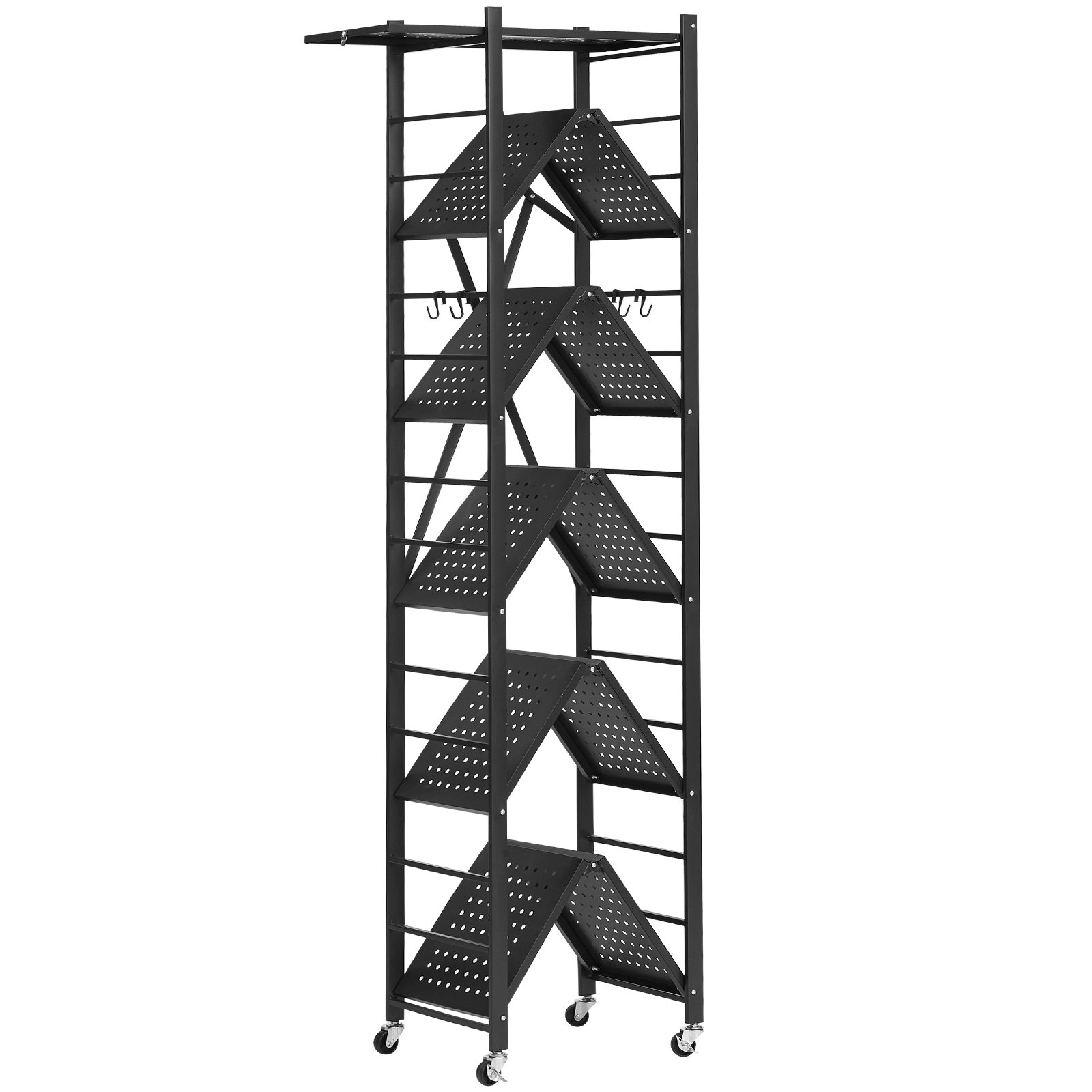 VEVOR 6-Tier Foldable Storage Shelf, 24W x 12D x 72H Inch Folding Metal Rack Shelving Unit, No Assembly Organizer Shelf with 5 Wheels & 4 Hooks for Pantry, Kitchen, Garage, Basement, Black