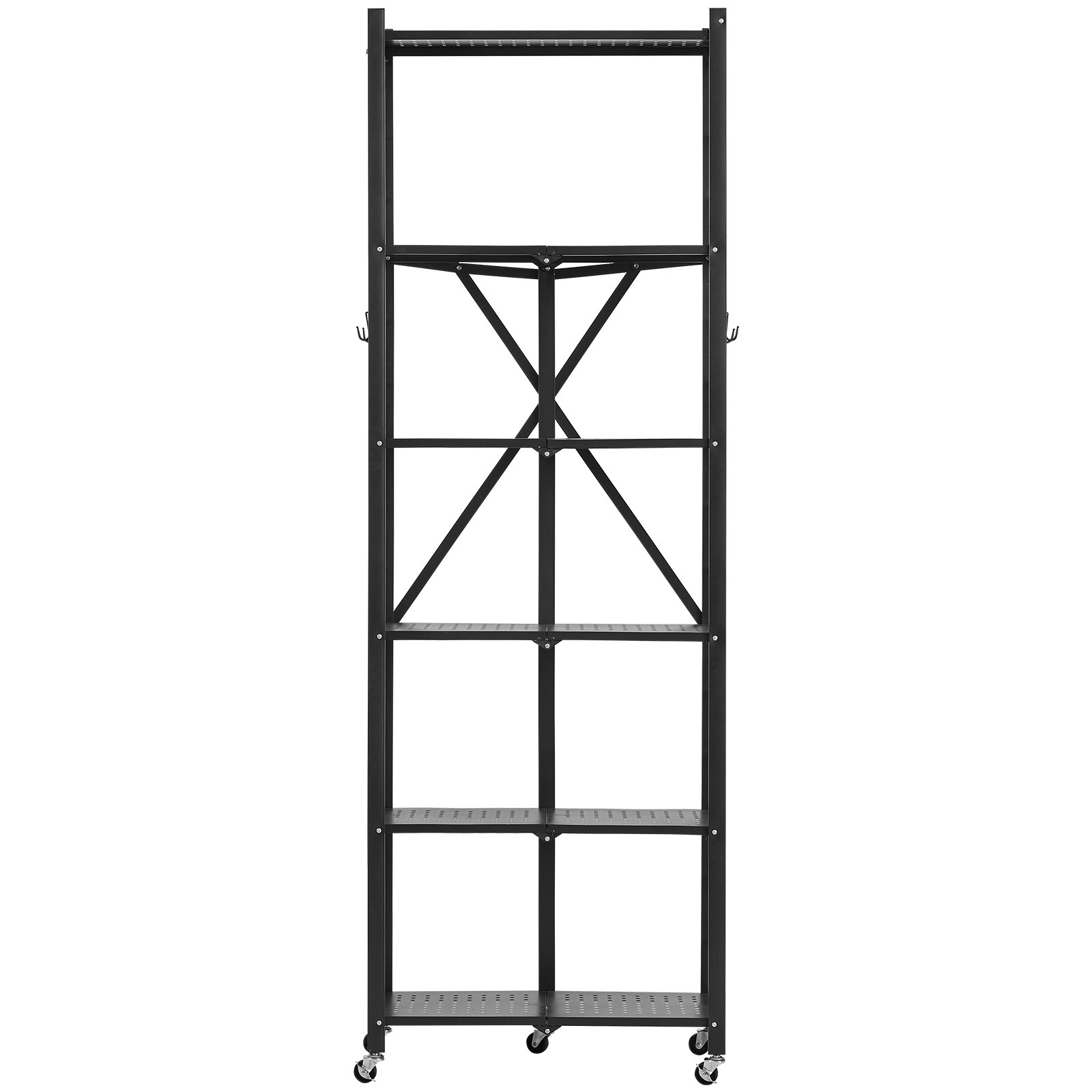 VEVOR 6-Tier Foldable Storage Shelf, 24W x 12D x 72H Inch Folding Metal Rack Shelving Unit, No Assembly Organizer Shelf with 5 Wheels & 4 Hooks for Pantry, Kitchen, Garage, Basement, Black