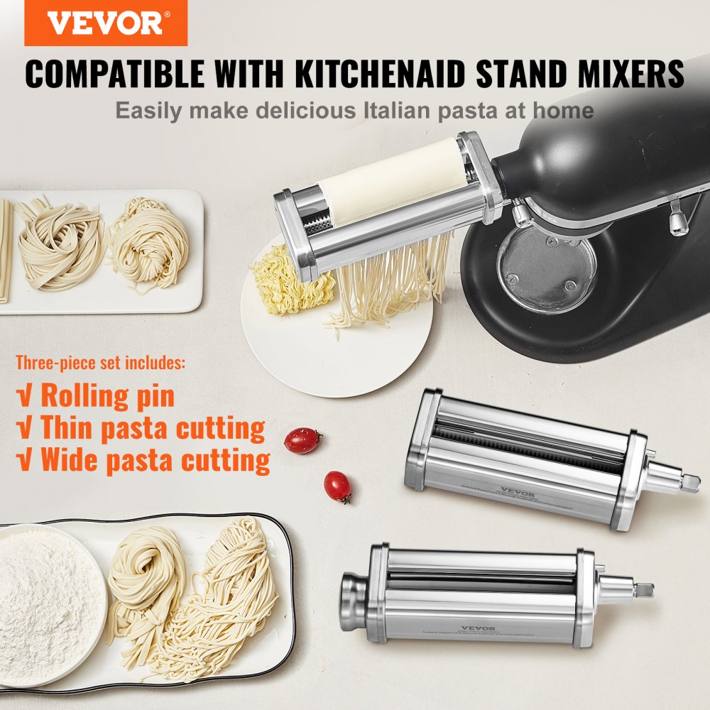 VEVOR Pasta Attachment for KitchenAid Stand Mixer Stainless Steel Pasta Roller Cutter Set Including Pasta Sheet Roller Spaghetti and Fettuccine
