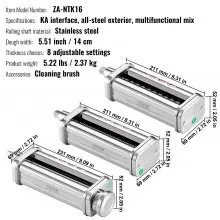 VEVOR Pasta Attachment for KitchenAid Stand Mixer, Stainless Steel Pasta Roller Cutter Set Including Pasta Sheet Roller, Spaghetti and Fettuccine Cutter, 8 Adjustable Thickness Knob Pasta Maker, 3Pcs