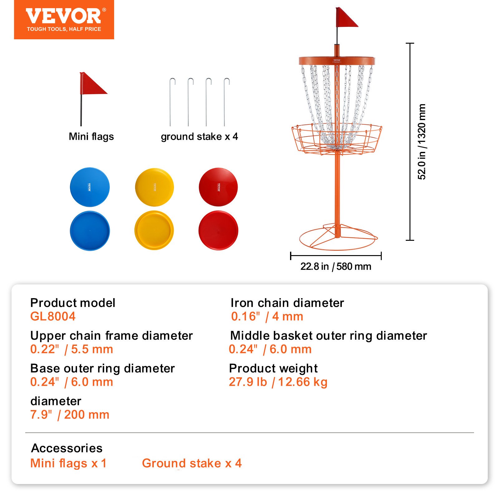 VEVOR Disc Golf Basket, 24-Chains Portable Disc Golf Target Hole, Heavy Duty Steel Practice Disc Golf Basket Stand Equipment, Indoor & Outdoor Pro Golf Basket Set with 6 Discs, Orange