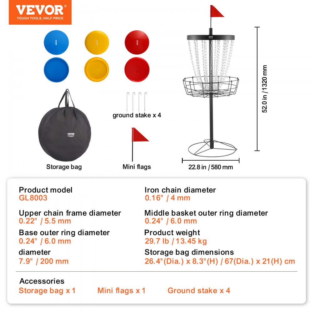 VEVOR Disc Golf Basket, 24-Chains Portable Disc Golf Target Hole, Heavy Duty Steel Practice Disc Golf Course Basket, Indoor & Outdoor Pro Golf Basket Set with Carry Bag & 6 Discs, Black