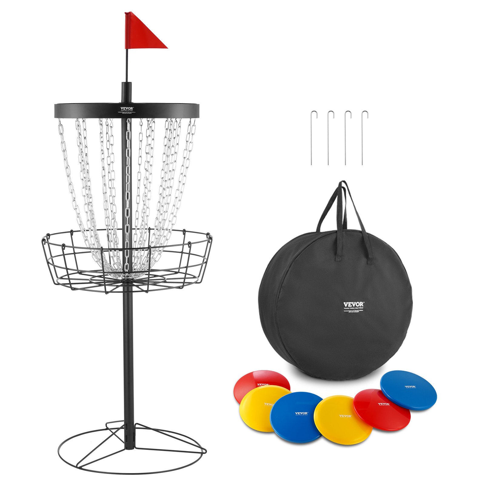 VEVOR Disc Golf Basket, 24-Chains Portable Disc Golf Target Hole, Heavy Duty Steel Practice Disc Golf Course Basket, Indoor & Outdoor Pro Golf Basket Set with Carry Bag & 6 Discs, Black