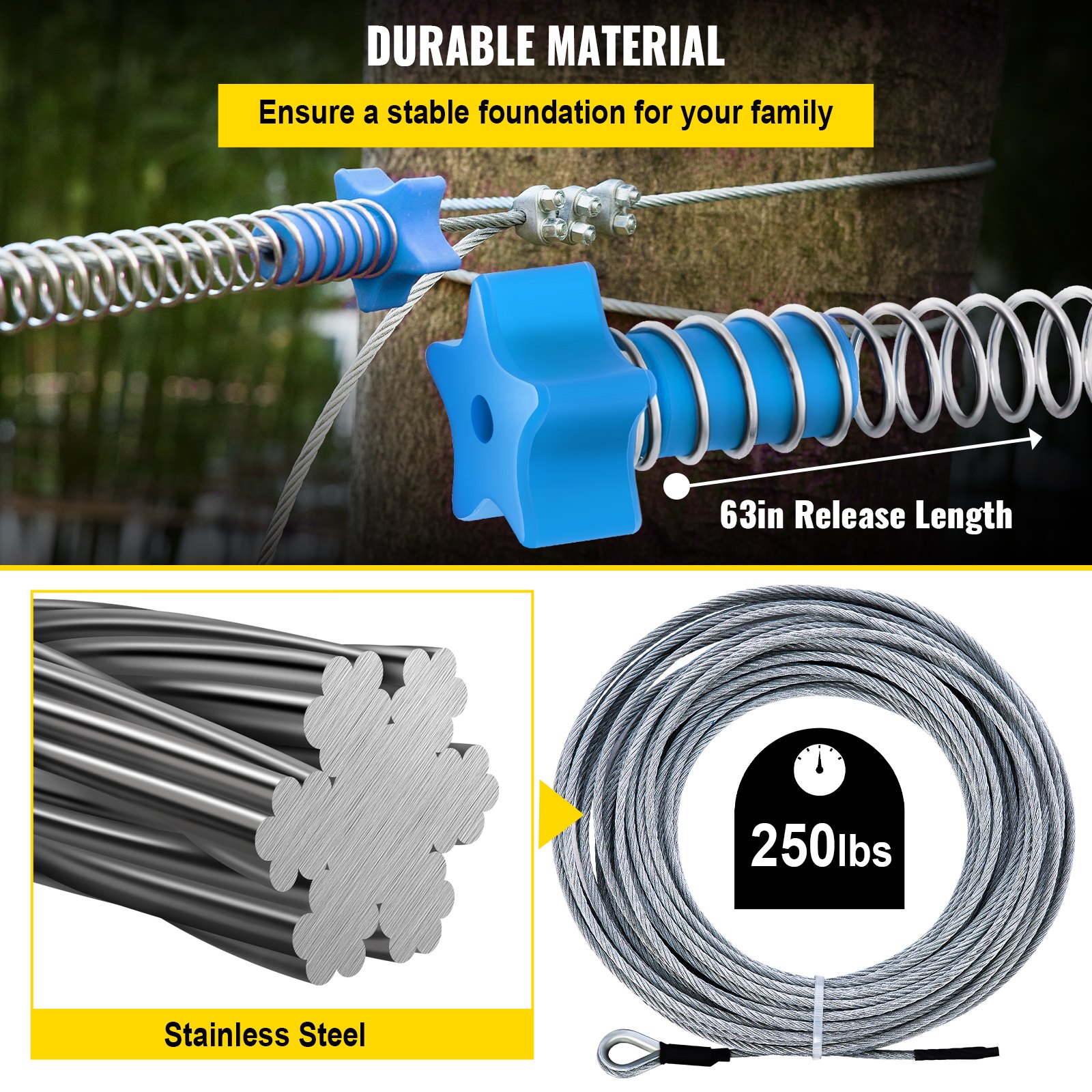 VEVOR Zipline Kits for Backyard, 80Ft Kids Zipline, Zip Lines for Kids and Adults w/ 250lb Max Capacity, Backyard Zip Line Set w/ Stainless Steel Cable, Zip String Toy w/ Spring Brake & Steel Trolley