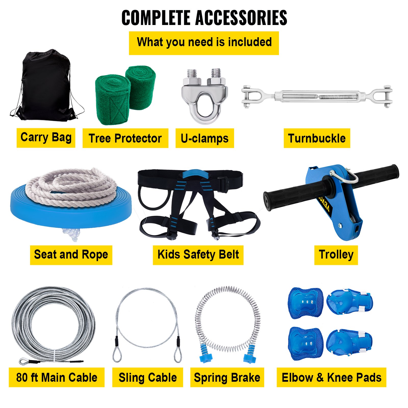 VEVOR Zipline Kits for Backyard, 80Ft Kids Zipline, Zip Lines for Kids and Adults w/ 250lb Max Capacity, Backyard Zip Line Set w/ Stainless Steel Cable, Zip String Toy w/ Spring Brake & Steel Trolley