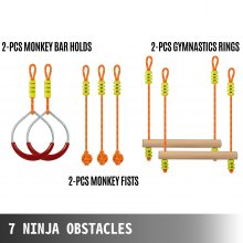VEVOR Ninja Warrior carrera de obstáculos para niños, línea Ninja Slackline de 36 pies con anillos de gimnasio, barras de mono, nudos de cuerda, equipo de entrenamiento portátil al aire libre Ninja Course para patio trasero