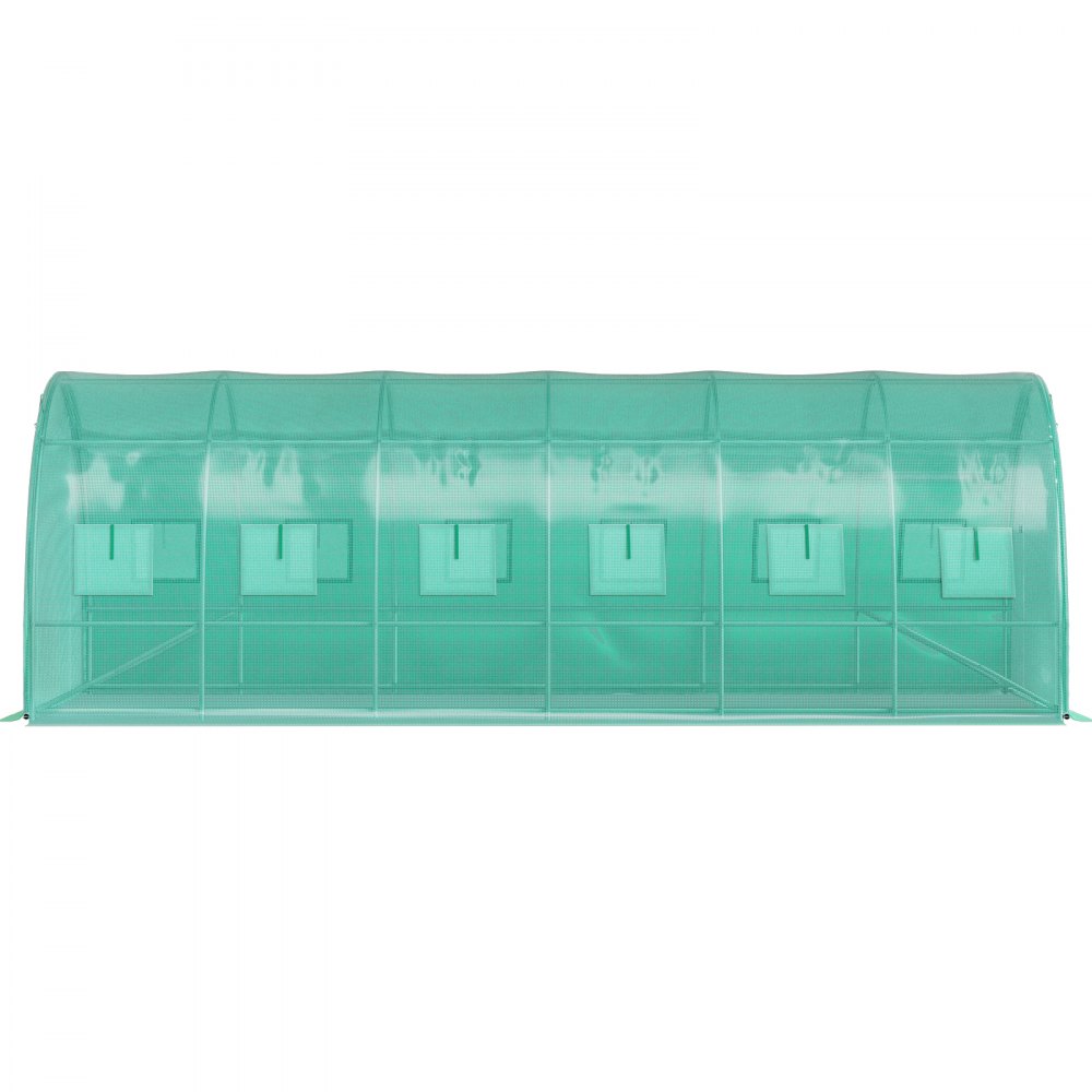 green VEVOR walk-in tunnel greenhouse with multiple windows for ventilation and a sturdy metal frame.