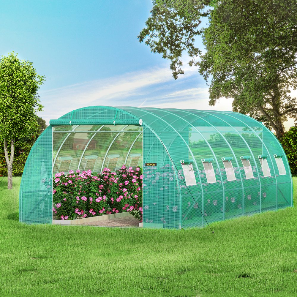 VEVOR Walk-in Tunnel Greenhouse, 20 x 10 x 7 ft Portable Plant Hot House with Galvanized Steel Hoops, 3 Top Beams, Diagonal Poles, 2 Zippered Doors & 12 Roll-up Windows, Green