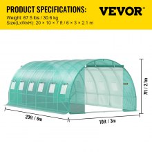Pochôdzny tunelový skleník VEVOR, 20 x 10 x 7 stôp prenosný dom s teplom pre rastliny s pozinkovanými oceľovými obručami, 3 horné trámy, 4 diagonálne tyče, 2 dvere na zips a 12 rolovacích okien, zelená