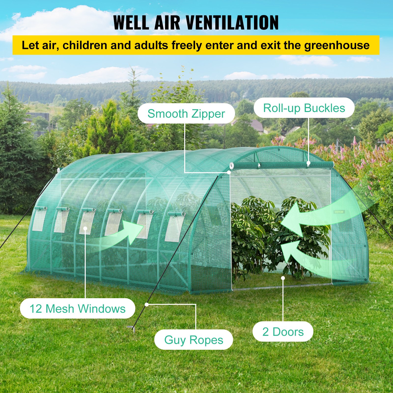 VEVOR walk-in tunnel greenhouse with 12 mesh windows, smooth zipper, roll-up buckles, and 2 doors.