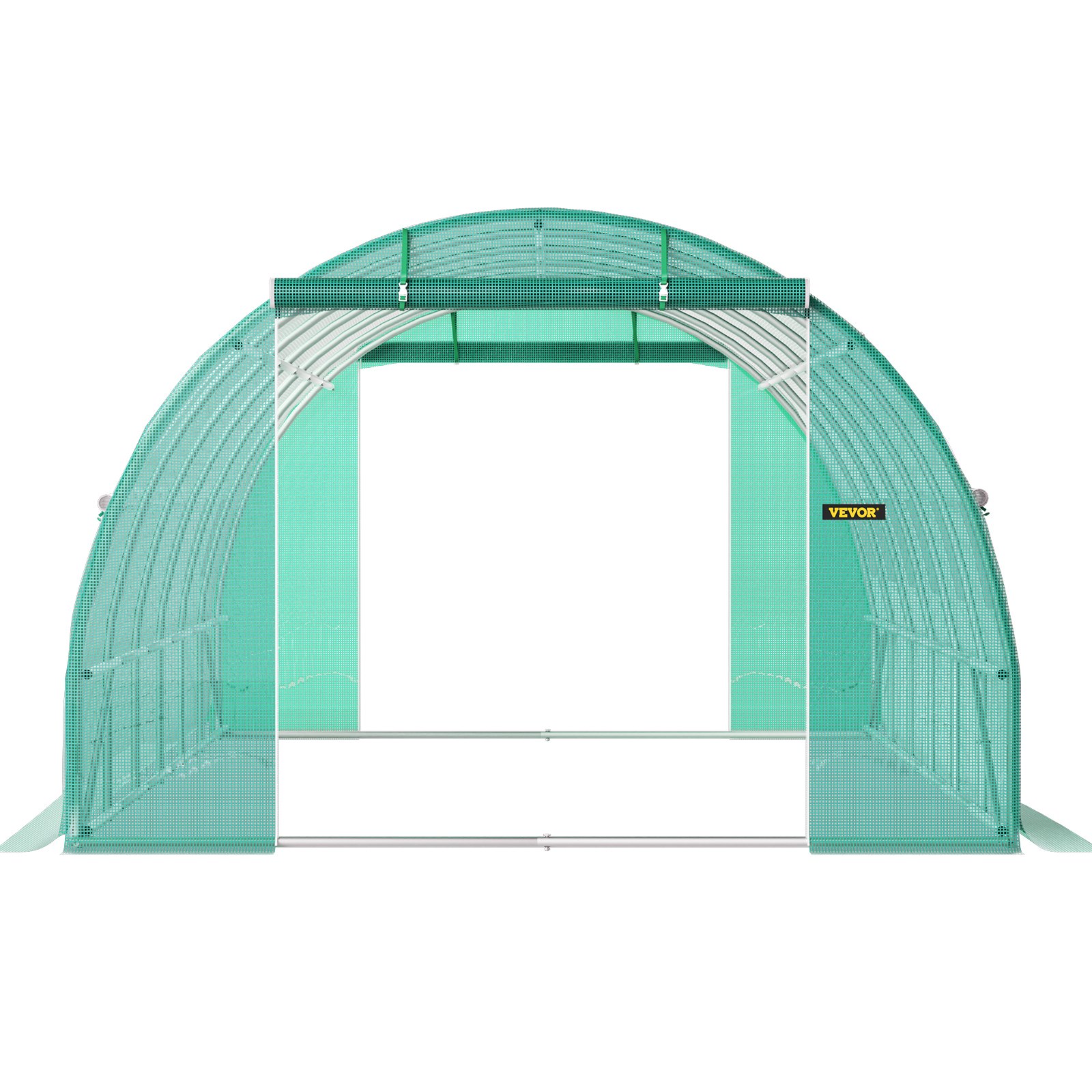 green arched VEVOR walk-in tunnel greenhouse with open entrance and metal frame for plant protection.
