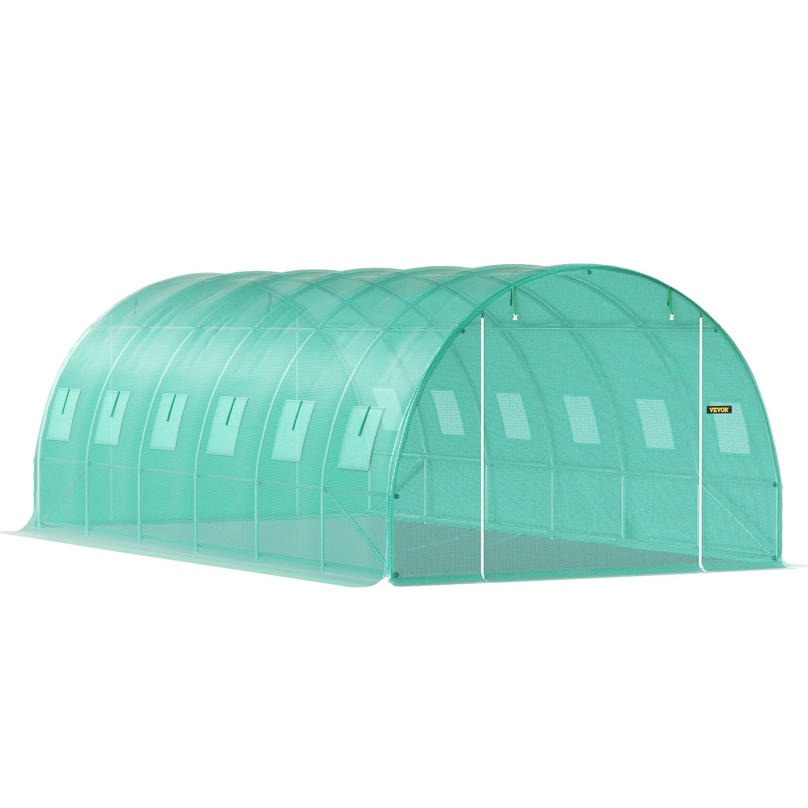 green VEVOR walk-in tunnel greenhouse with arched roof, side windows, and zippered front door.