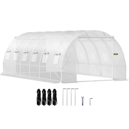 VEVOR 20 x 10 x 7 ft Walk-in Tunnel Greenhouse, Portable Plant Hot House with Galvanized Steel Hoops, 3 Top Beams, Diagonal Poles, 2 Zippered Doors & 12 Roll-up Windows, White