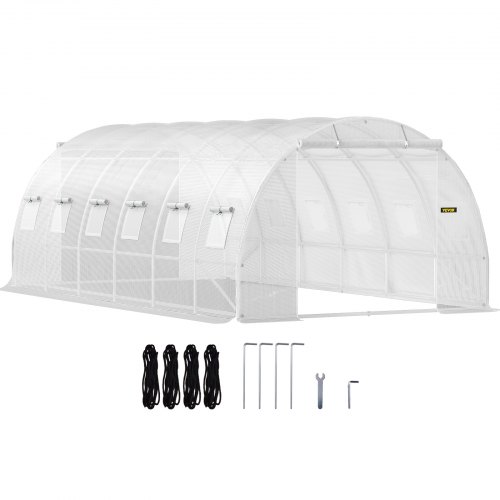 VEVOR 6.1 x 3 x 2.1 m Walk-in Tunnel Greenhouse, Portable Plant Hot House with Galvanized Steel Hoops, 3 Top Beams, Diagonal Poles, 2 Zippered Doors & 12 Roll-up Windows, White