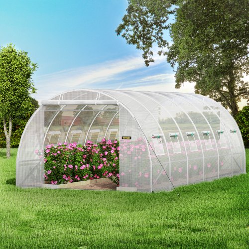 VEVOR Walk-in Tunnel Greenhouse, 20 x 10 x 7 ft Portable Plant Hot House w/ Galvanized Steel Hoops, 3 Top Beams, 4 Diagonal Poles, 2 Zippered Doors & 12 Roll-up Windows, White