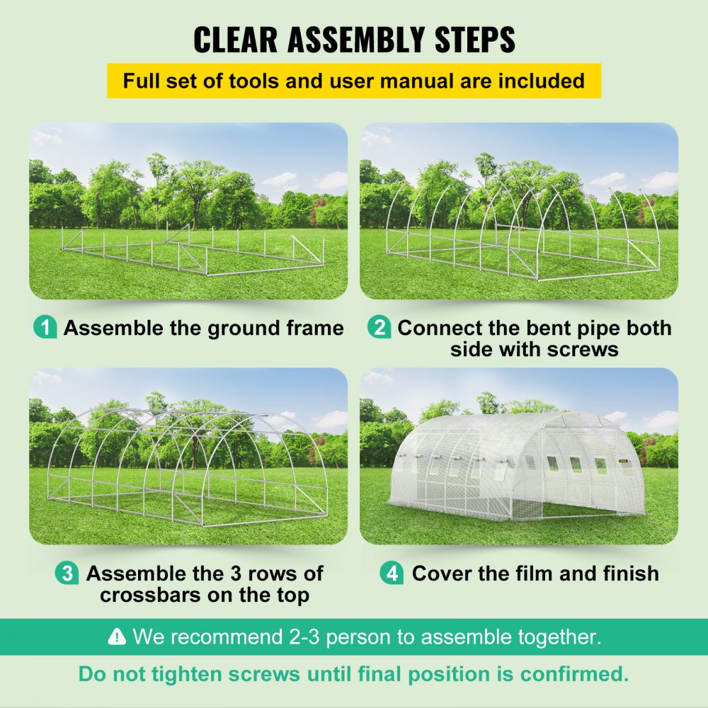 VEVOR 20 x 10 x 7 ft Walk-in Tunnel Greenhouse, Portable Plant Hot House with Galvanized Steel Hoops, 3 Top Beams, Diagonal Poles, 2 Zippered Doors & 12 Roll-up Windows, White
