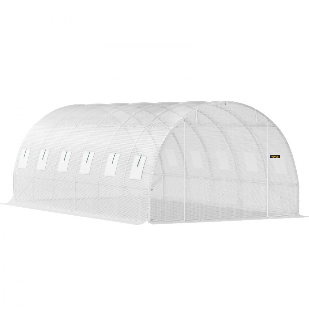 VEVOR 20 x 10 x 7 ft Walk-in Tunnel Greenhouse, Portable Plant Hot House with Galvanized Steel Hoops, 3 Top Beams, Diagonal Poles, 2 Zippered Doors & 12 Roll-up Windows, White