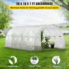 Pochôdzny tunelový skleník VEVOR, 20 x 10 x 7 stôp prenosný dom s teplom pre rastliny s pozinkovanými oceľovými obručami, 3 horné nosníky, 4 diagonálne tyče, 2 dvere na zips a 12 rolovacích okien, biela