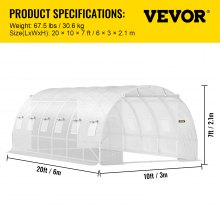 Pochôdzny tunelový skleník VEVOR, 20 x 10 x 7 stôp prenosný dom s teplom pre rastliny s pozinkovanými oceľovými obručami, 3 horné nosníky, 4 diagonálne tyče, 2 dvere na zips a 12 rolovacích okien, biela