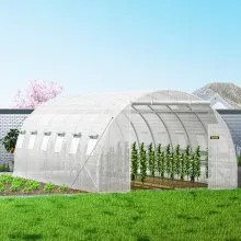 VEVOR Walk-in Tunnel Greenhouse, 20 x 10 x 7 ft Portable Plant Hot House w/ Galvanized Steel Hoops, 3 Top Beams, 4 Diagonal Poles, 2 Zippered Doors & 12 Roll-up Windows, White