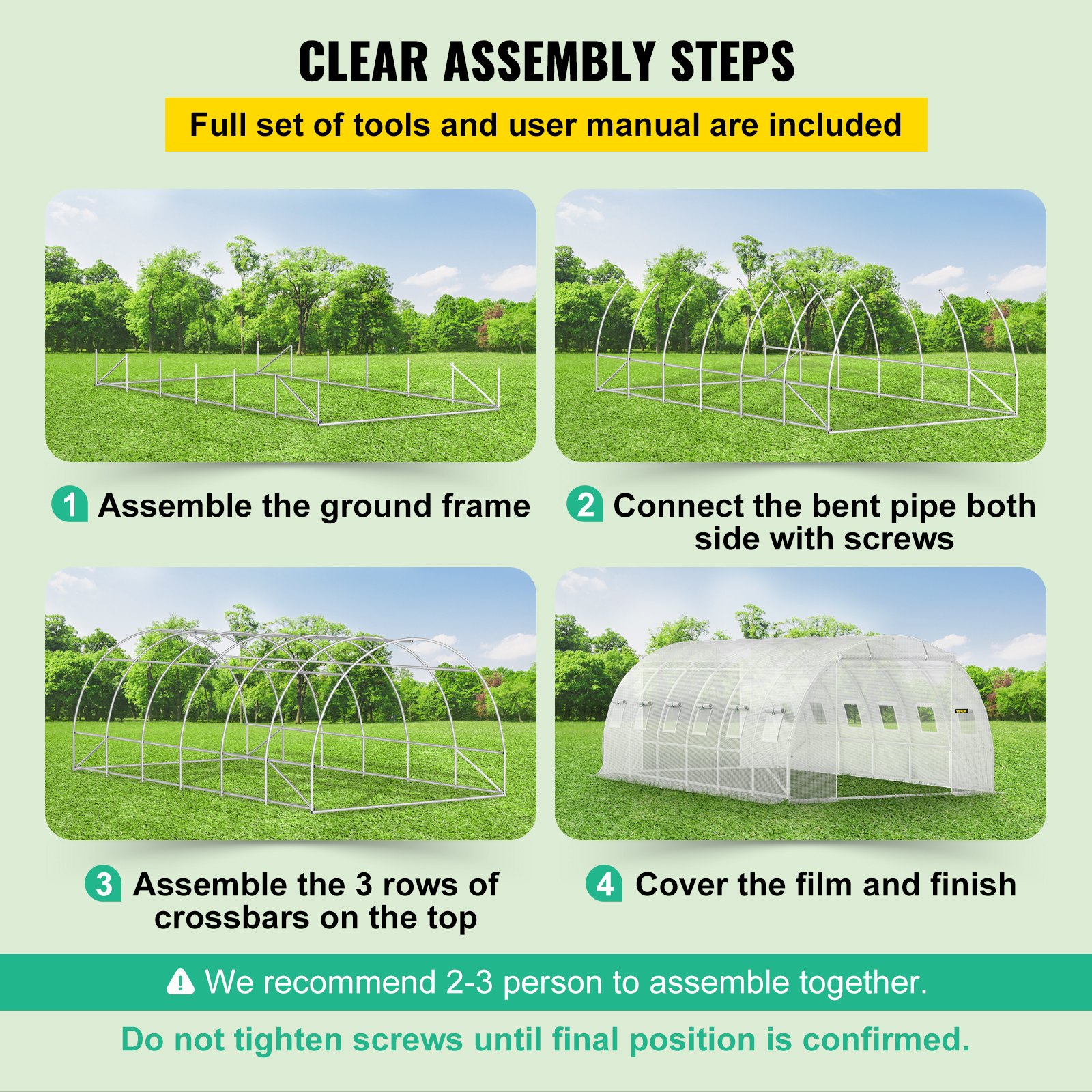 VEVOR 20 x 10 x 7 ft Walk-in Tunnel Greenhouse, Portable Plant Hot House with Galvanized Steel Hoops, 3 Top Beams, Diagonal Poles, 2 Zippered Doors & 12 Roll-up Windows, White