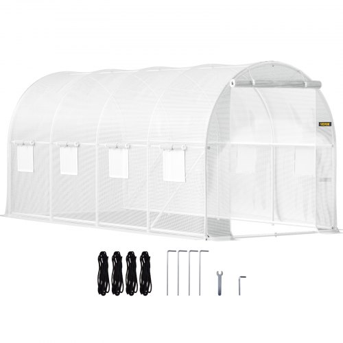 VEVOR 15 x 6.5 x 7 ft Walk-in Tunnel Greenhouse, Portable Plant Hot House with Galvanized Steel Hoops, 1 Top Beam, Diagonal Poles, Zippered Door & 8 Roll-up Windows, White