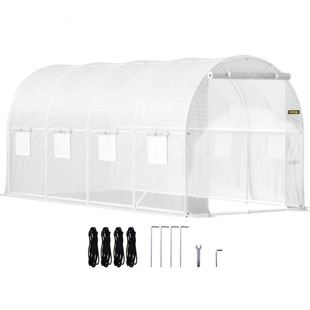 VEVOR tunnel greenhouse with accessories, including ropes, metal stakes, and a small wrench.