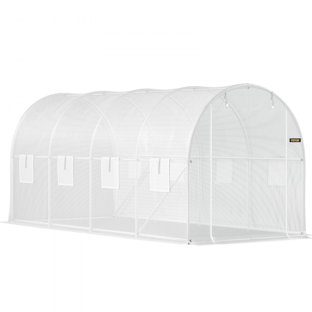 VEVOR tunnel greenhouse with arched frame, mesh cover, and multiple windows for ventilation.
