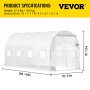 VEVOR Walk-in Tunnel Greenhouse, 15 x 7 x 7 ft Portable Plant Hot House w/ Galvanized Steel Hoops, 1 Top Beam, Diagonal Poles, Zippered Door & 8 Roll-up Windows, White