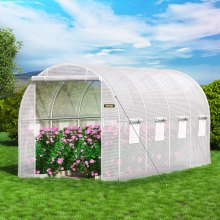VEVOR Walk-in Tunnel Greenhouse, 15 x 7 x 7 ft Portable Plant Hot House w/ Galvanized Steel Hoops, 1 Top Beam, Diagonal Poles, Zippered Door & 8 Roll-up Windows, White