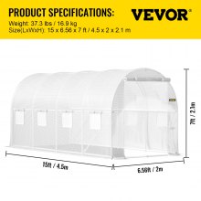 VEVOR Walk-in Tunnel Greenhouse, 15 x 6.5 x 7 ft Portable Plant Hot House w/ Galvanized Steel Hoops, 1 Top Beam, 2 x Diagonal Poles, A Zippered Door & 8 Roll-up Windows, White