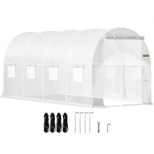 VEVOR Walk-in Tunnel Greenhouse, 15 x 6.5 x 7 ft Portable Plant Hot House w/ Galvanized Steel Hoops, 1 Top Beam, 2 x Diagonal Poles, A Zippered Door & 8 Roll-up Windows, White