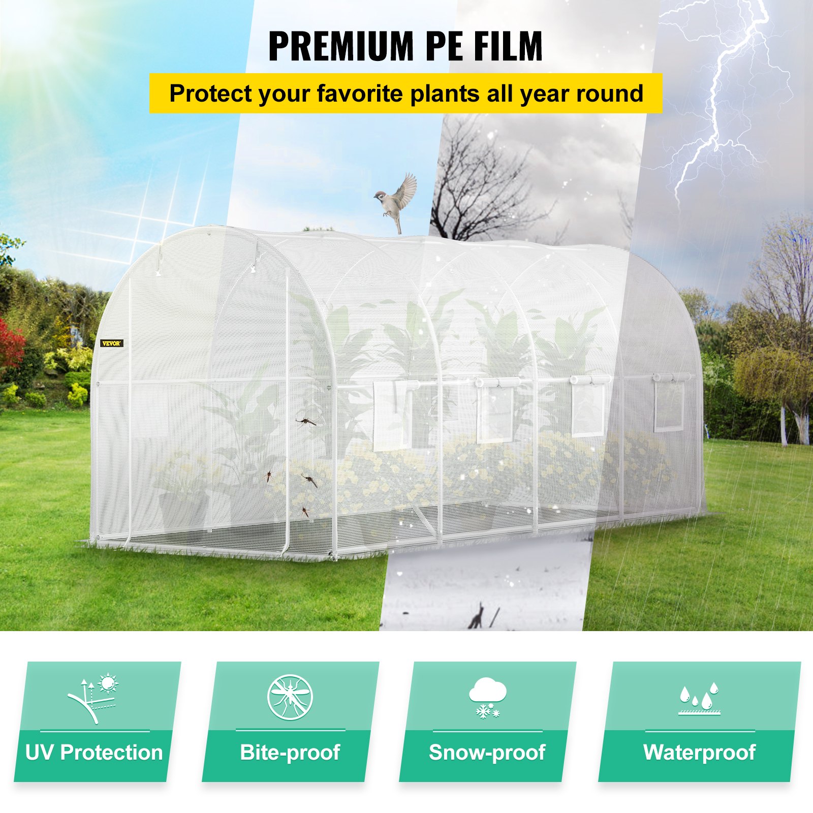 VEVOR Walk-in Tunnel Greenhouse, 4.5 x 2 x 2.1 m Portable Plant Hot House with Galvanized Steel Hoops, 1 Top Beam, 2  x Diagonal Poles, 2 Zippered Doors & 8 Roll-up Windows, White