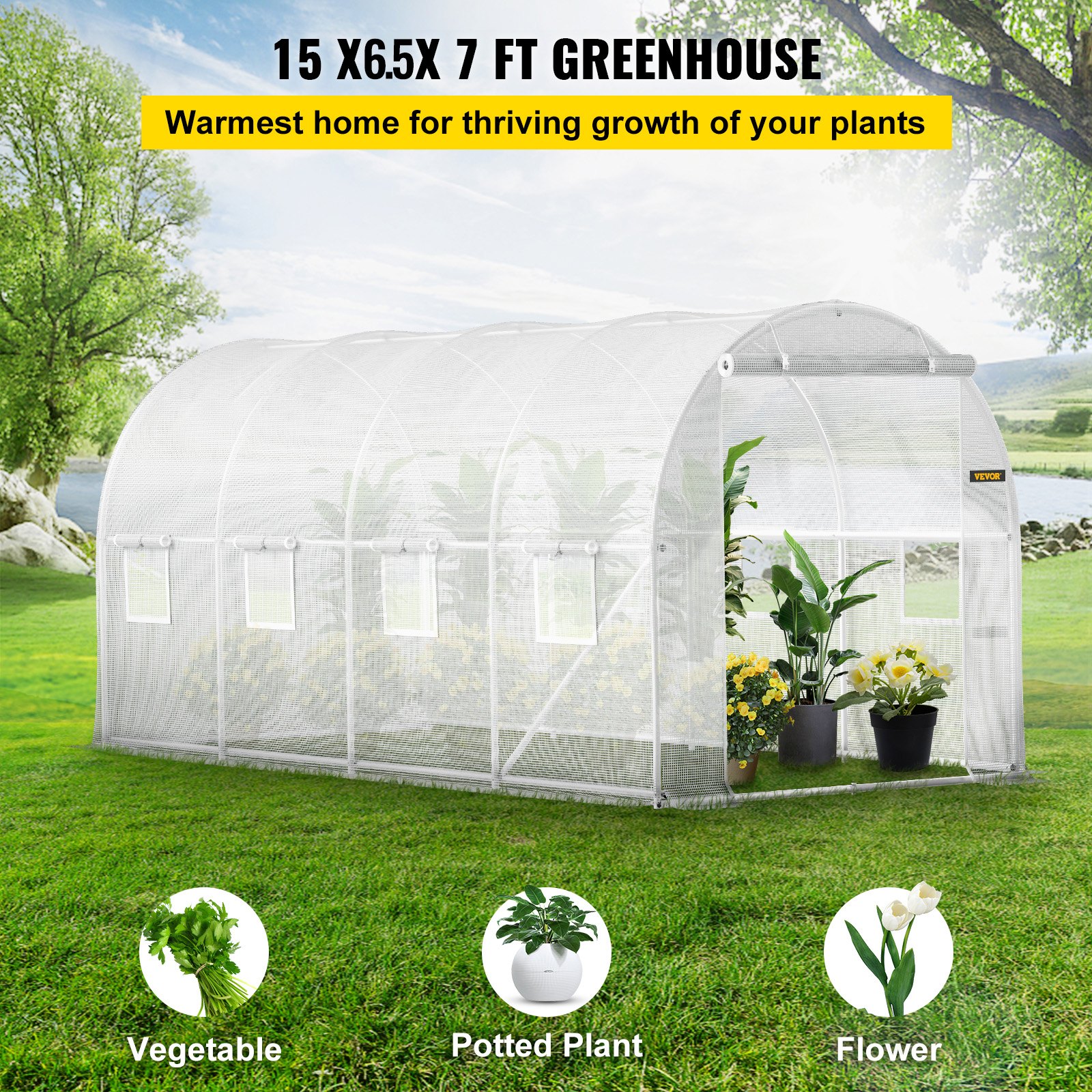 VEVOR Walk-in Tunnel Greenhouse, 4.5 x 2 x 2.1 m Portable Plant Hot House with Galvanized Steel Hoops, 1 Top Beam, 2  x Diagonal Poles, 2 Zippered Doors & 8 Roll-up Windows, White
