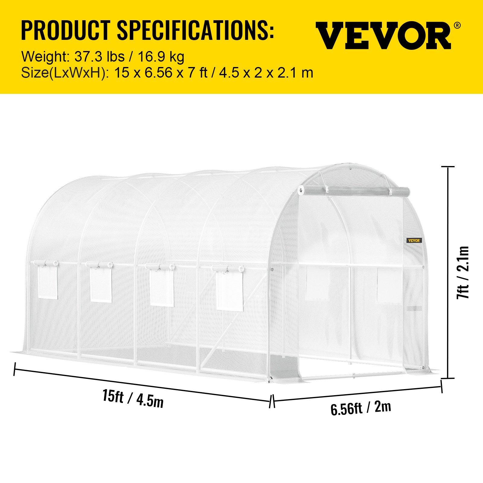 VEVOR tunnel greenhouse 15x7x7 ft, 37.3 lbs, white frame with windows, yellow product details header.