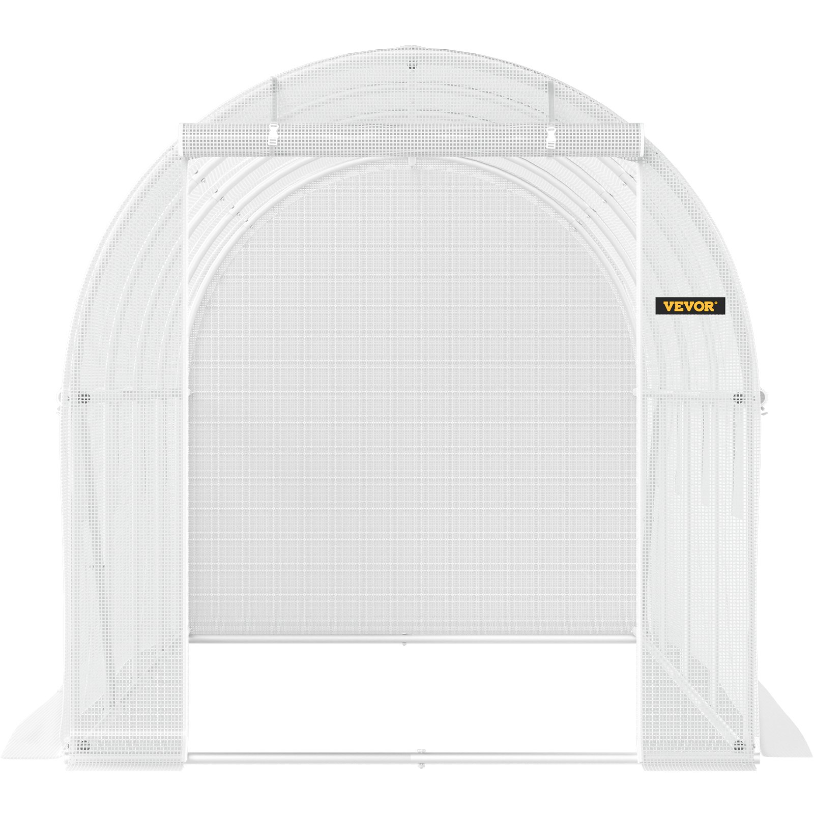 VEVOR tunnel greenhouse, white frame with mesh covering, front view showing brand logo.