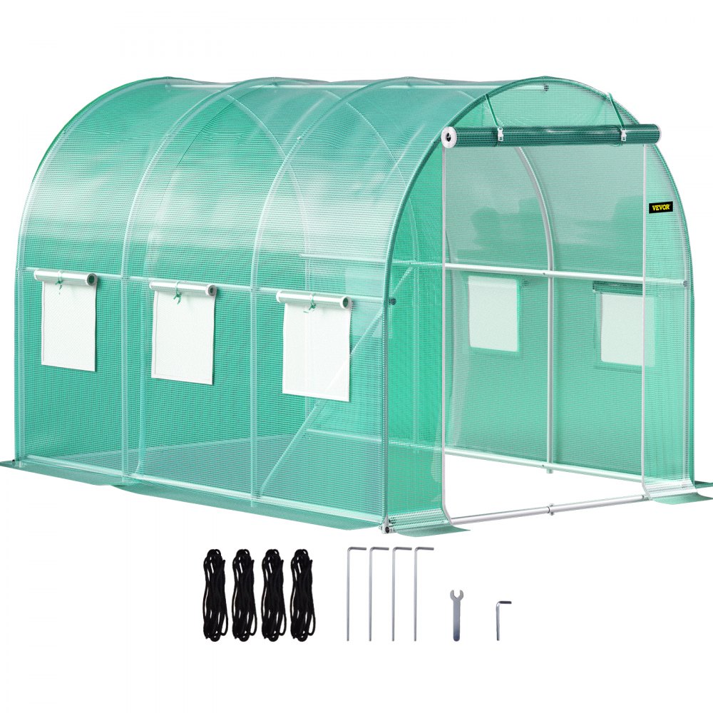 Vstupný tunelový skleník VEVOR, 10 x 7 x 7 stôp prenosný domček pre rastliny s pozinkovanými oceľovými obručami, 1 horný nosník, diagonálne tyče, dvere na zips a 6 zrolovacích okien, zelená