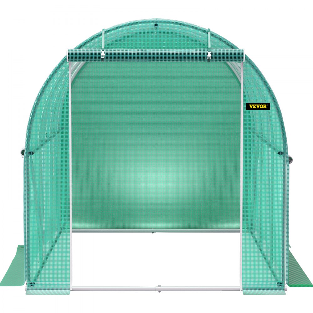 VEVOR walk-in greenhouse with arched frame and green mesh cover, front view.