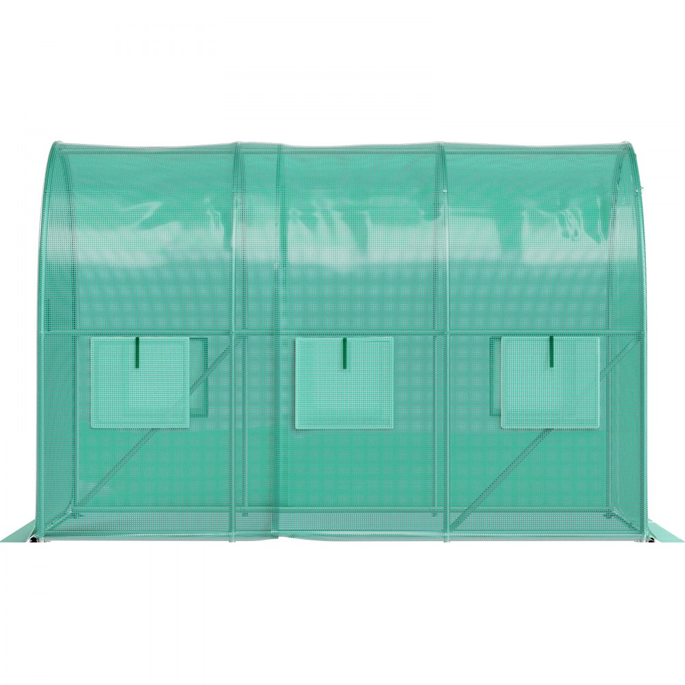 green VEVOR walk-in greenhouse with arched roof and rolled-up windows on a white background.