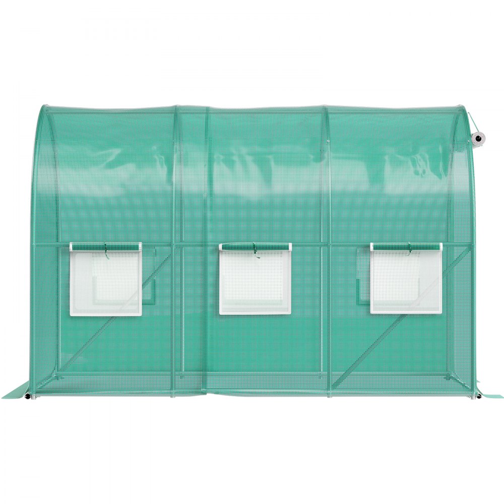 green VEVOR walk-in greenhouse with roll-up windows and sturdy frame.