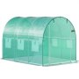 green VEVOR walk-in greenhouse with arched roof, multiple windows, and a sturdy frame.