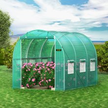 Vstupný tunelový skleník VEVOR, 10 x 7 x 7 stôp prenosný domček pre rastliny s pozinkovanými oceľovými obručami, 1 horný nosník, diagonálne tyče, dvere na zips a 6 zrolovacích okien, zelená