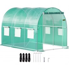 VEVOR Walk-in Tunnel Greenhouse, 10 x 10 x 7 ft Portable Plant Hot House w/ Galvanized Steel Hoops, 1 Top Beam, 2 Diagonal Poles, 2 Zippered Doors & 6 Roll-up Windows, Green