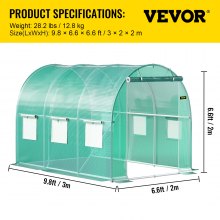 VEVOR Walk-in Tunnel Greenhouse, 9.8 x 6.6 x 6.6 ft Portable Plant Hot House w/ Galvanized Steel Hoops, 1 Top Beam, Diagonal Poles, Zippered Door & 6 Roll-up Windows, Green