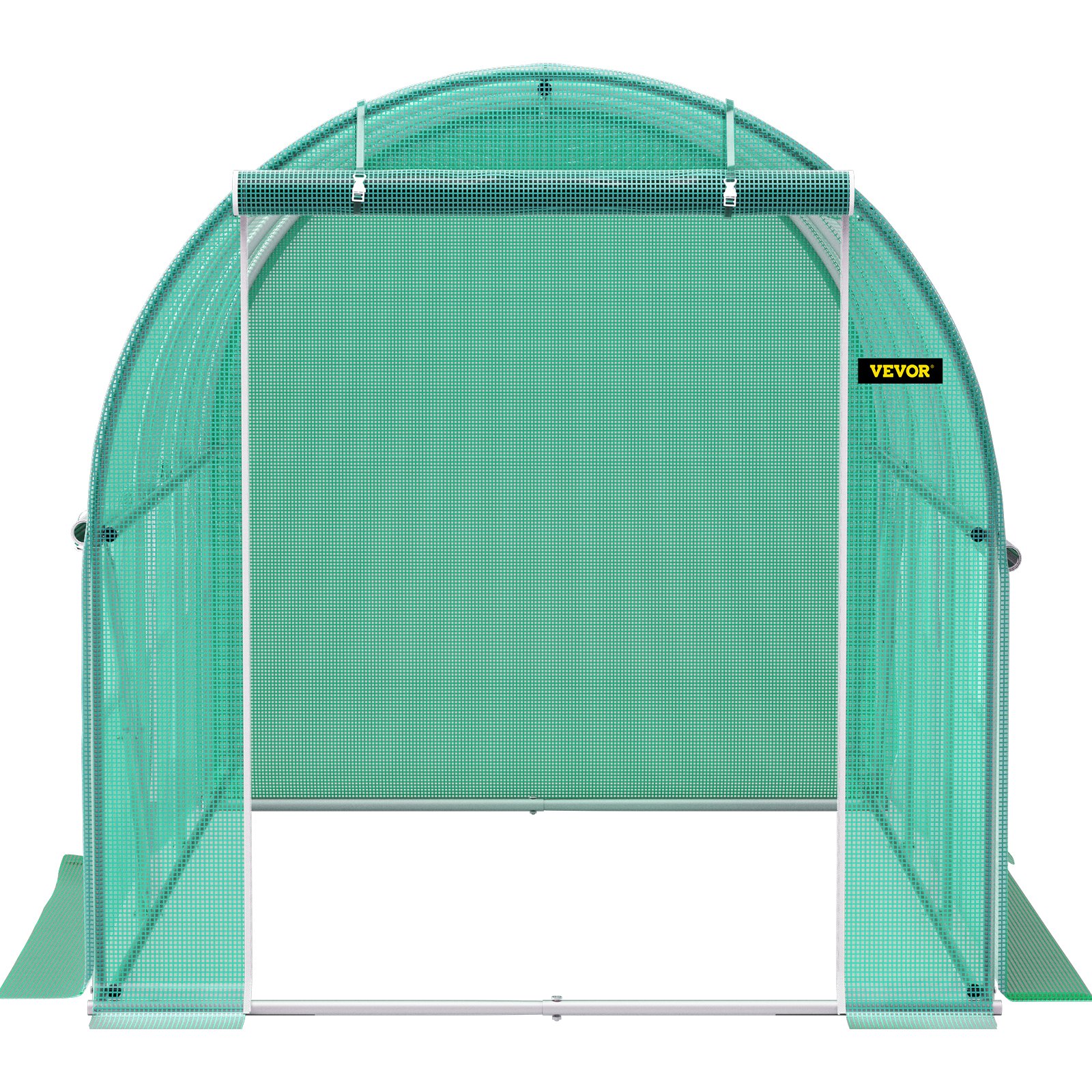 VEVOR walk-in greenhouse with arched frame and green mesh cover, front view.