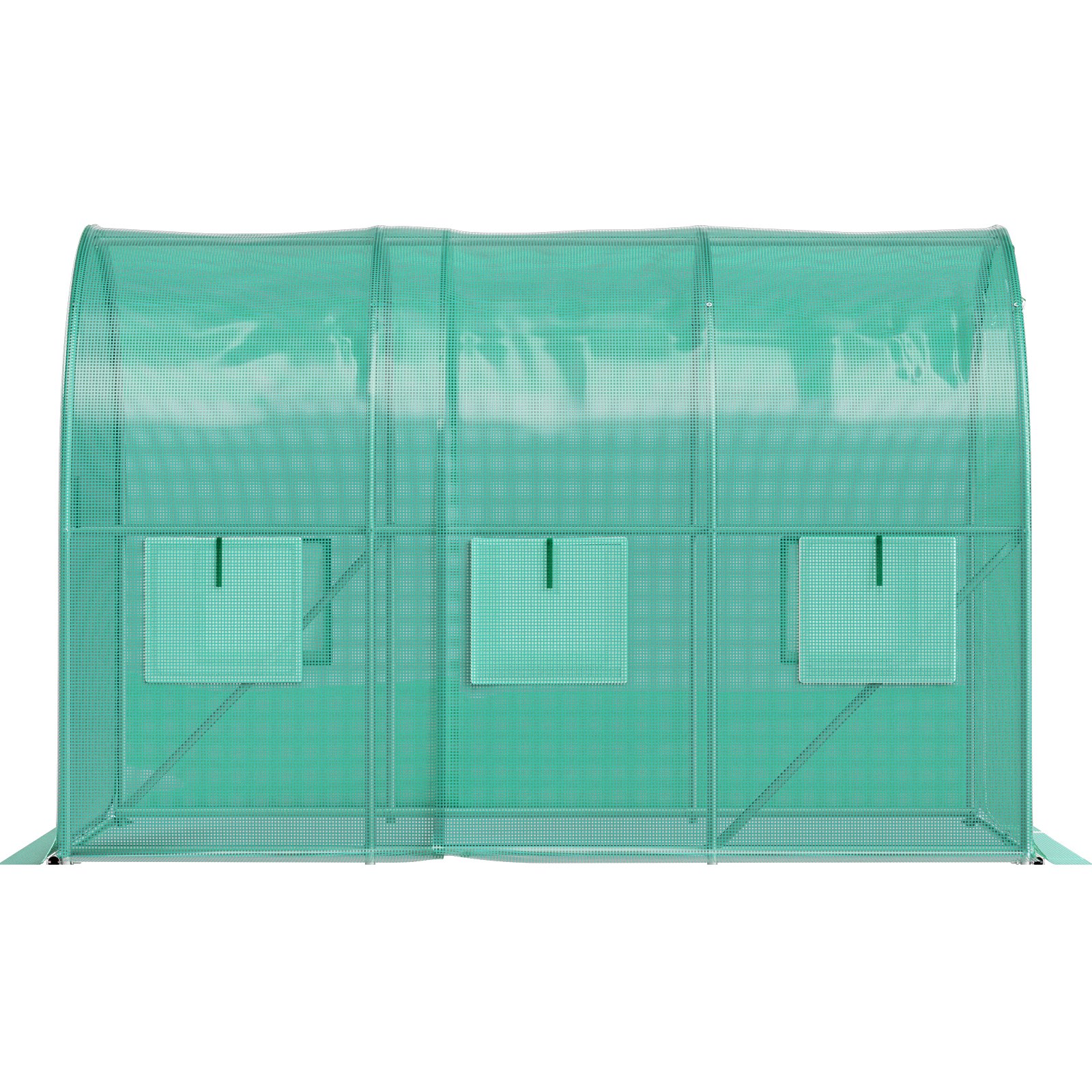green VEVOR walk-in greenhouse with arched roof and rolled-up windows on a white background.