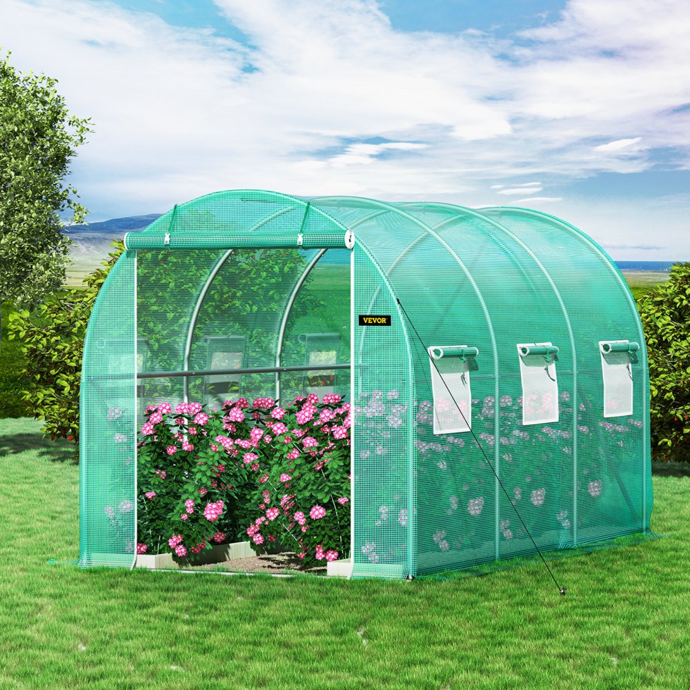 VEVOR Walk-in Tunnel Greenhouse, 12 x 7 x 7 ft Portable Plant Hot House with Galvanized Steel Hoops, 1 Top Beams, 2 Diagonal Poles, 1 Zippered Door & 6 Roll-up Windows, Green