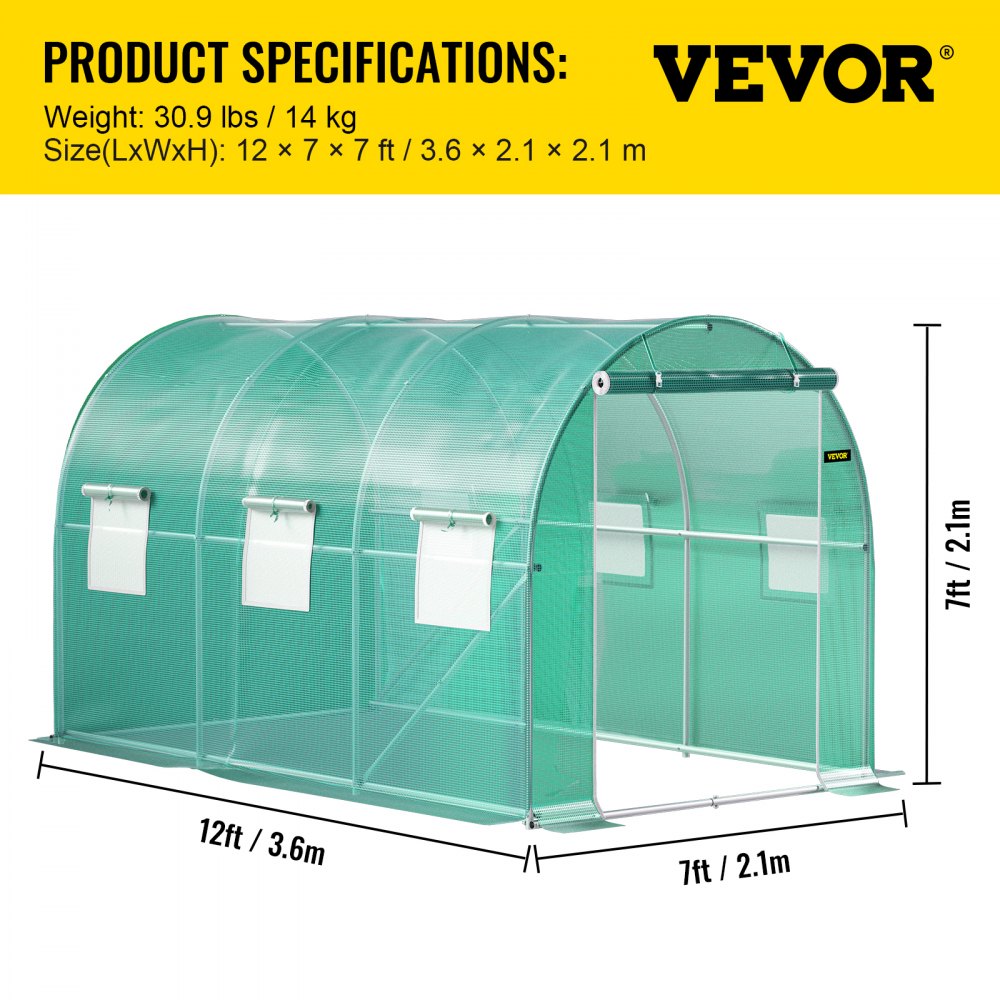 VEVOR Walk-in Tunnel Greenhouse, 12 x 7 x 7 ft Portable Plant Hot House with Galvanized Steel Hoops, 1 Top Beams, 2 Diagonal Poles, 1 Zippered Door & 6 Roll-up Windows, Green